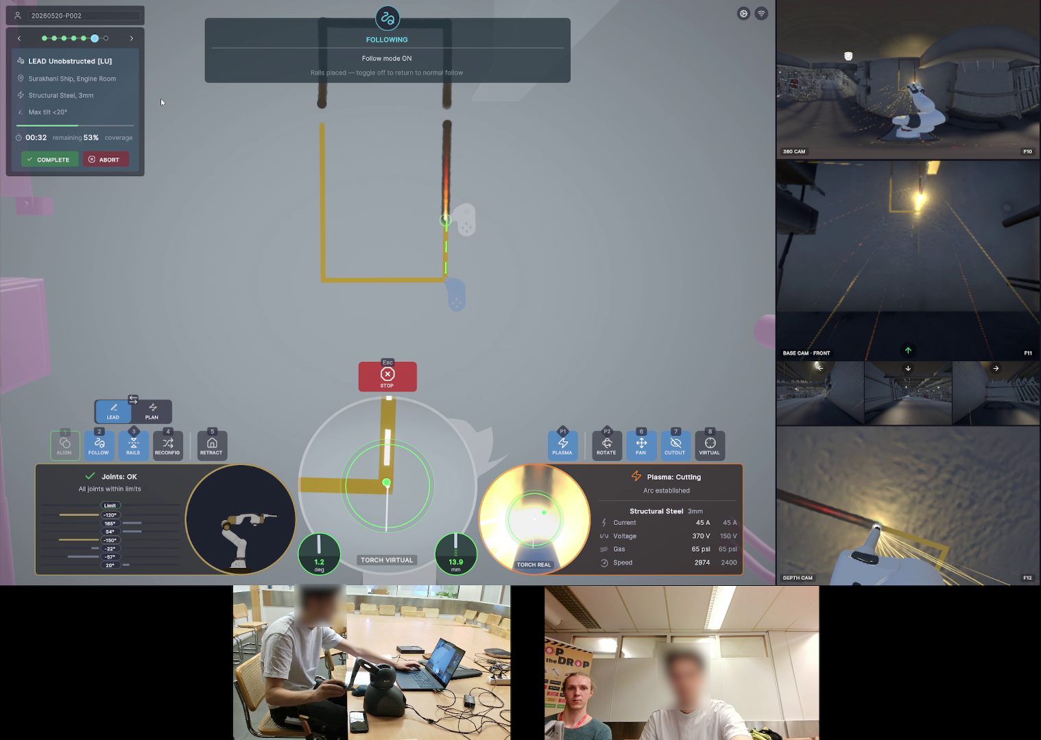 Multi-camera capture during testing: simulator view, face cam, and an overhead view of the haptic setup.